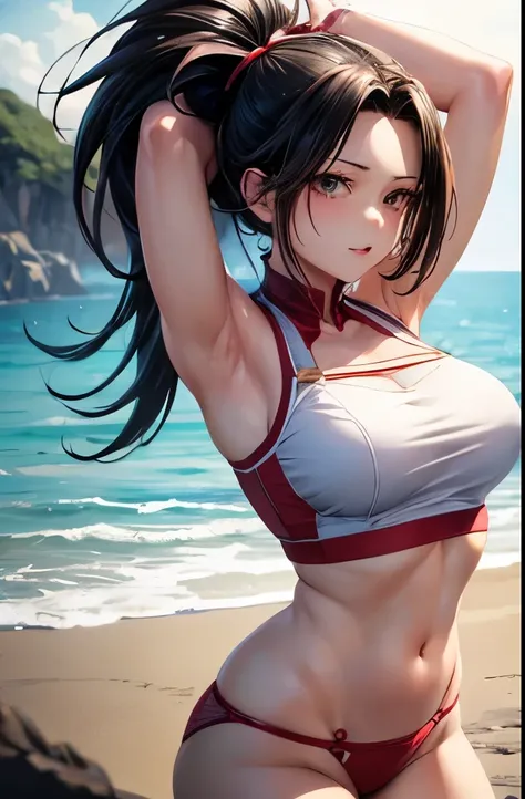 best quality, 32k, RAW photo, incredibly absurdres, extremely detailed, delicate texture, beautiful and cute lady, momo yaoyorozu, amorous and lewd expression, wearing crop top, large breasts, perfect body line,  glossy hair