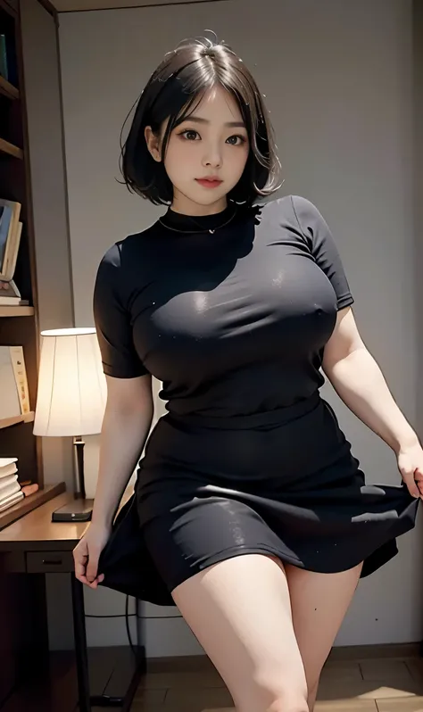 A beautiful beauty, wave black hair, big eyes, round face, dress, tight purple skirt, sneakers , slightly fat, plump and sexy, delicate facial features, on the black room, black room, dark room, HD, high quality, the best picture quality, chubby body, bob ...