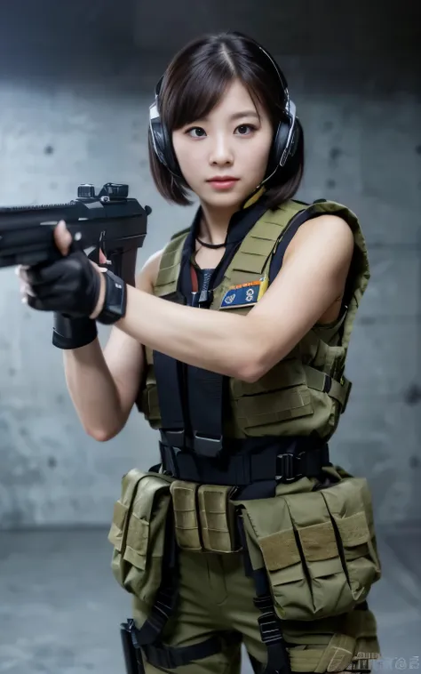 ((Best Quality, 8K, Masterpiece: 1.3)), ((best quality)), photorealistic, photorealism, Photorealistic, high resolution, 1girl aiming with an ak-47 assault rifle, Combat pose, looking at the camera, (Detailed face), short hair, (wearing red rubber suit, ta...