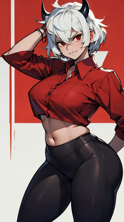 malina, wide hips, big belly, horns, red cropped shirt, black leggins