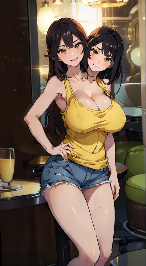 best quality, (masterpiece),(ultra-detailed), (high quality), (high resolution), (2heads:1.5), black hair, very huge breasts, cleavage, (yellow tank top), (brown shorts), best quality:1.5, highres, UHD, 4K), smiling, bare feet, detailed eyes, (mature woman...