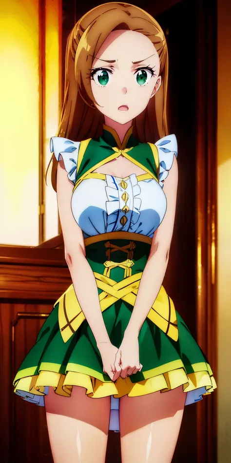 (((highest quality))), ((super detailed)),katalina、 ((illustrinion)), ((messy hair)), ((frills)), super mini skirt、beautiful woman、sleeve less、Thin dress、立膝in座ってます、beautiful breasts、Sleeveless dress、しゃがんinる、spread legs、show whitepanties,Beautiful camel toe...