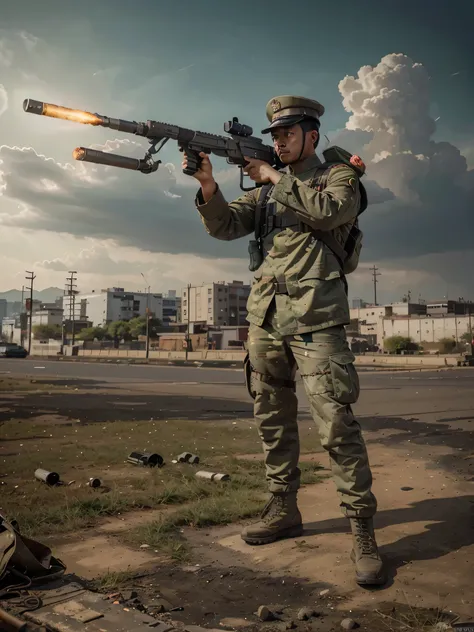 Soldado masculino, cara taiwanesa, sombrero militar, serious expression, uniforme militar estilo chino gris verdoso, ammunition belts, he holds an advanced microwave weapon, lleva una mochila con pilas y cables y tubos, botas militares largas, he is in a c...