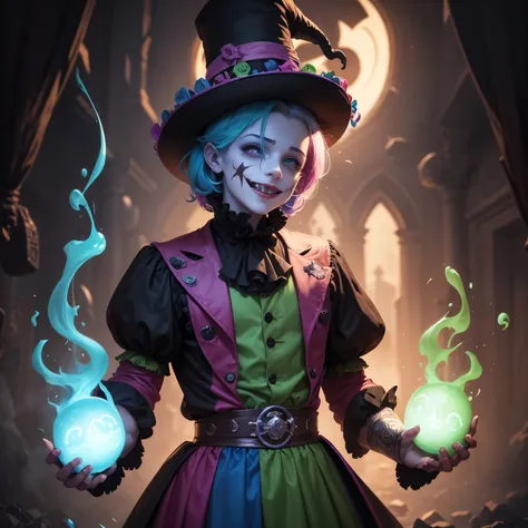 Homem fantasma, Clown, Bobo da corte, Harlequin, coringa, vibrant outfit, segurando, empenhando, martelo, marreta, taco de pregos, arma gigante de madeira colorido, powerful ghost weapon. Playful touch, ruined dungeon environment, antiga de um castelo, atm...