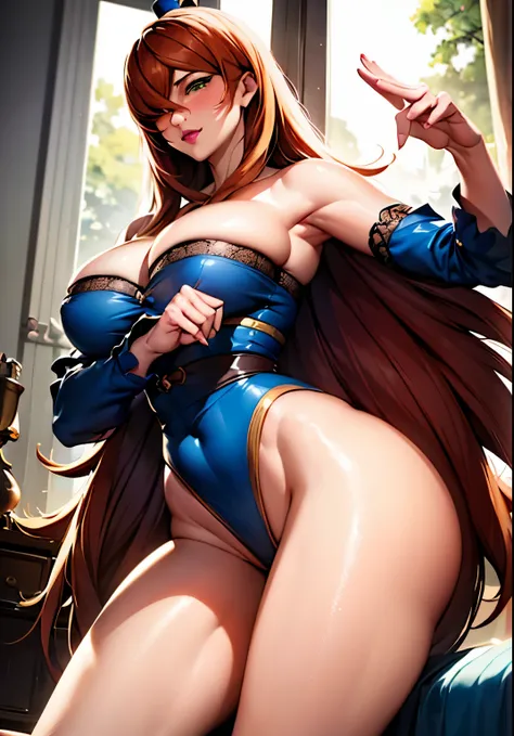 bedroom background, sexy pose, want to fuck pose, want to kiss, breasts feeding, mei_terumi, very tempting women, long hair, breasts, brown hair, blue dress, bare shoulders, (green eyes), off shoulder, hair over one eye, lipstick, (1 girl), 20yo,Young fema...