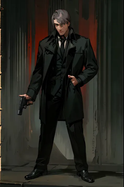 arafed man in a black coat holding a gun and pointing it, hes a hitman in peacoat, he is wearing a black trenchcoat, cinematic full body shot, photo from a promo shoot, character photography, full body and head shot, full body shoot, full-body-shot, promo ...