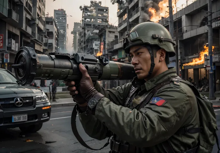 Soldado masculino, cara taiwanesa, military metal helmet, serious expression, uniforme militar estilo chino gris verdoso, ammunition belts, guantes de cuero, he holds a rocket launcher, he is in a completely destroyed asian city, mucho fuego, mucho humo, 4...