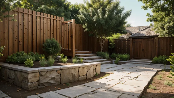 A natural stone wall, some plant and sitting area with wooden path, an architects beautiful simple design outdoor modern park.