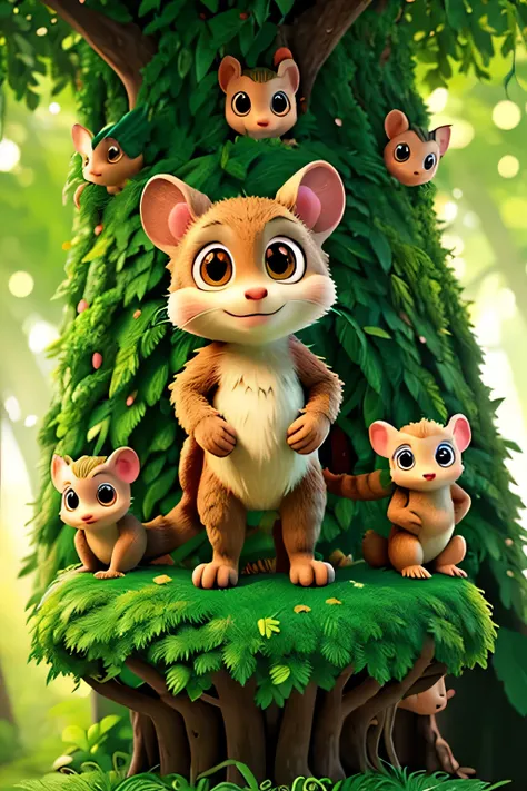 Create a bush baby forest, whimsical illustration style and with bright, bold colors and cartoonish, multiple expressions and poses, character sheet 