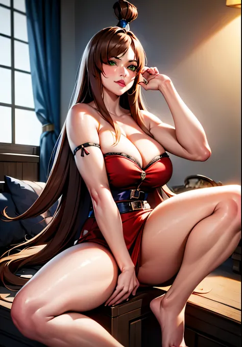 bedroom background, sexy pose, leg squat, hands grabbing breasts, want to fuck pose, want to kiss, mei_terumi, very tempting women, long hair, breasts, brown hair, blue dress, bare shoulders, (green eyes), off shoulder, hair over one eye, lipstick, moaning...