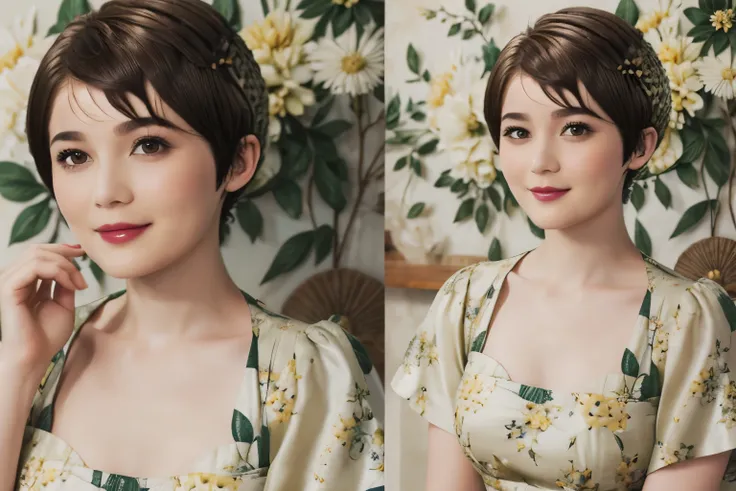 152
(20 year old woman,floral pattern dress), (Super realistic), (high resolution), ((beautiful hairstyle 46)), ((short hair:1.46)), (gentle smile), (brest:1.1), (lipstick)
