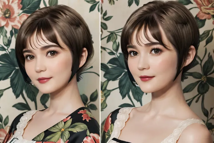 152
(20 year old woman,floral pattern dress), (Super realistic), (high resolution), ((beautiful hairstyle 46)), ((short hair:1.46)), (gentle smile), (brest:1.1), (lipstick)