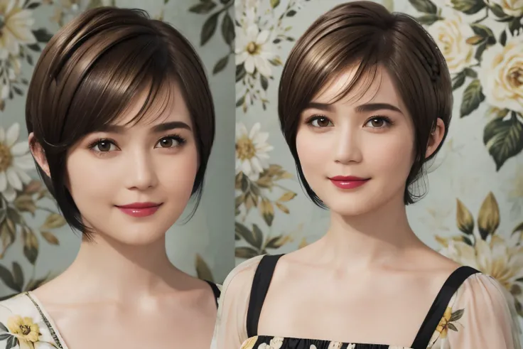 152
(20 year old woman,floral pattern dress), (Super realistic), (high resolution), ((beautiful hairstyle 46)), ((short hair:1.46)), (gentle smile), (brest:1.1), (lipstick)
