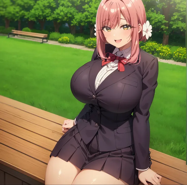 cinematic lighting, masterpiece, cowboy shot, blush, eyelashes, hanazono Hakari, 1girl, alone, open mouth, smile, skirt, uniform, teeth, thighs, shiny skin, hair ornaments, hair flowers, sitting, bench, hands on thighs, thick thighs,blue sky, outdoor, buil...