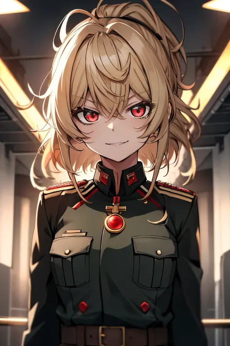 (masterpiece, best quality: 1.1), 1girl solo, tanya, 1girl, solo, , flat chest, small breasts, curvy, military, military uniform, ,, evil smile, wicked expression, anger, red eyes, neutral lighting