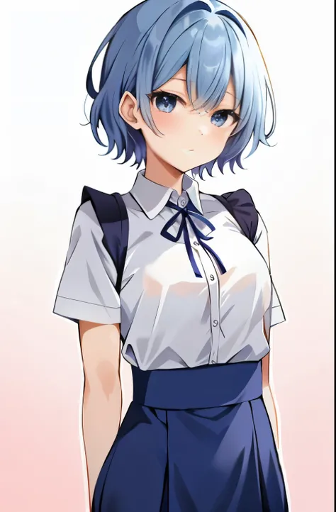 「body is very developed、Please create a concise 8K resolution anime style illustration of a very cute 20 year old Japanese girl.。She has short blue hair and beautiful light blue eyes.。Images should be clear and have sharp contrast。she is wearing a blue mai...