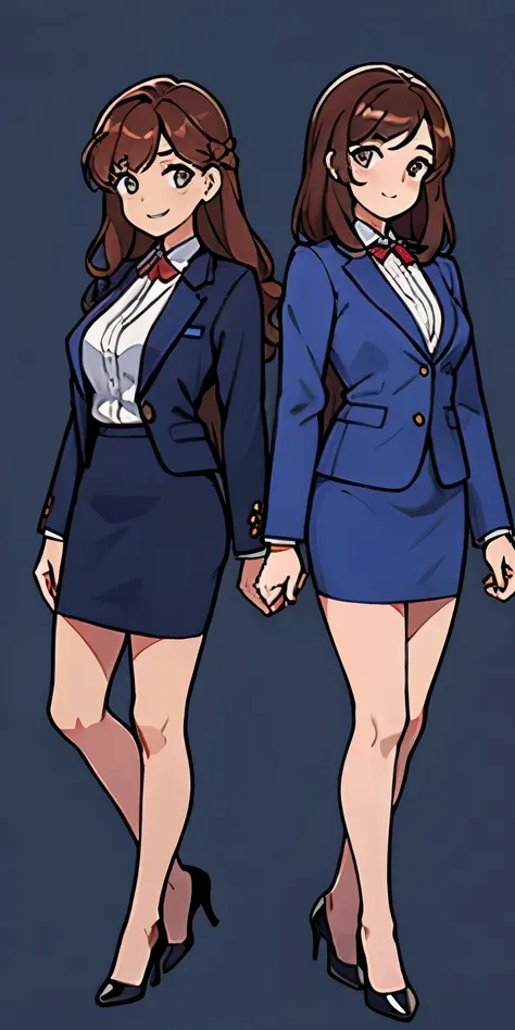 woman, brown hair, wavy hair, hazel eyes, very detailed, smile, dark blue blazer, white blouse, Dark blue knee-length pencil skirt, exposed legs, black high heels, full body shot, Same pose, matching outfit, same outfit, twin sisters