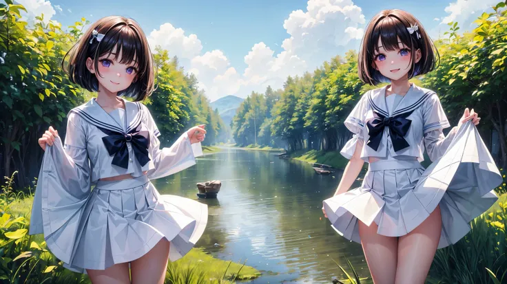 very cute（twins girls）、(girl、)、dark brown hair、bob cut、short hair、Violet eyes、smile、Crystal clear white skin、White sailor color、Blitzskirt、whole body、grassland、8K、4K、high resolution、Fine-grained、。