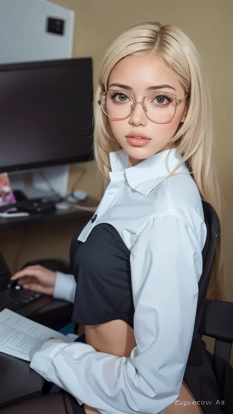 Mujer rubia con gafas sentada en un escritorio con una computadora, con gafas, hypercolegiala realista, a hypercolegiala realista, colegiala realista, nerd appearance, sat at his desk, retrato de nicole aniston, vestido como , nerd, con gafas on, gafas gru...