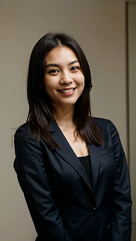 RAW photo, Portrait of a beautiful black haired woman, straight hair, black office suit, korean, smiling, blank background, no background