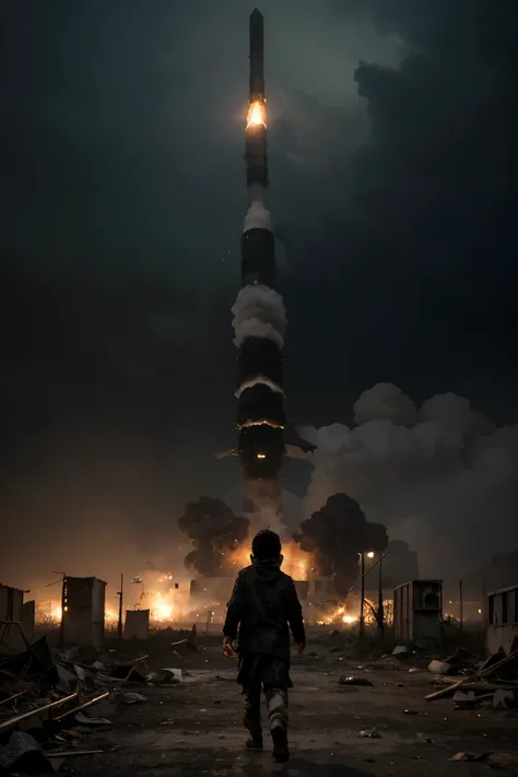 the little baby was crying and running away, he was wearing dark, dirty and ragged clothes. The baby was hurt, crying a lot and scared. Surrounded by scenes of war, smoke, ruined buildings and cities, in the sky there was a very large missile flying toward...