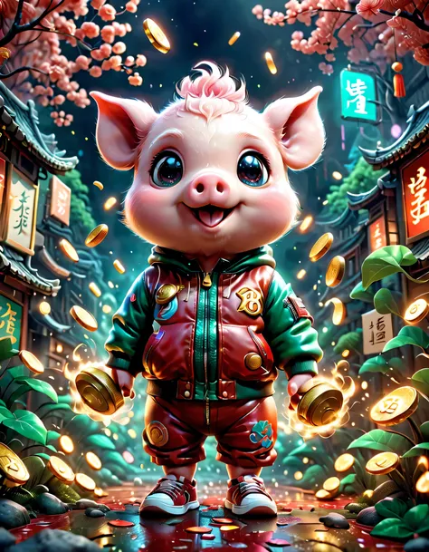 (Pixar style:1.6))，Electric creatures inspired by Pokémon，Create 3D renderings of fantasy creatures with electrical properties，Cartoon image of anthropomorphic pig wearing trendy street clothes，Wear a capital B"varsity jacket，Popular fashion sneakers。This ...