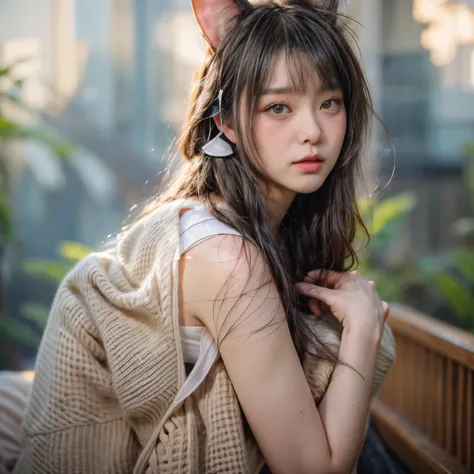 masterpiece、highest quality、cinema、(Detailed both eyes)、(cute japanese woman、bangs:1.3)、23 years old、1 girl、elegant、black hair、(auraroid photo:1.4)、(Cat ear:1.4)、Poland、Perforated sweater