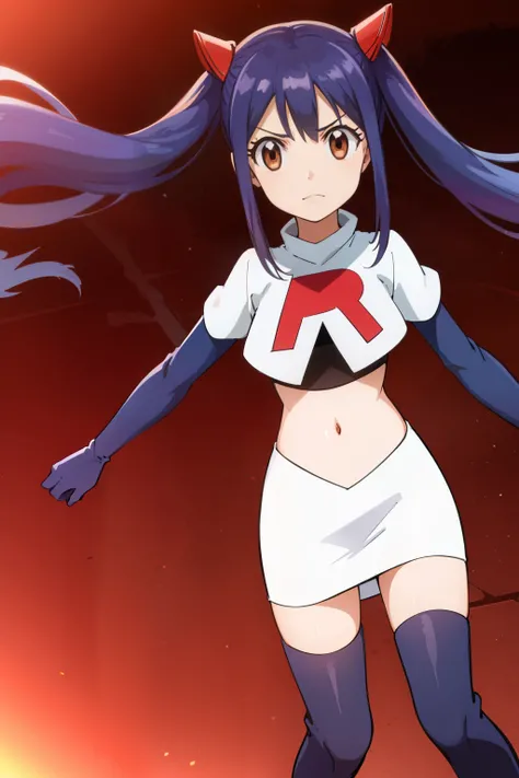WENDY MARVELL, LONG HAIR, HAIR ORNAMENT, TWINTAILS, (BROWN EYES:1.2), BLUE HAIR, TATTOO, 1girl, solo, facing viewer, looking at viewer, team rocket uniform, red letter R, white skirt,white crop top,black thigh-highs,black elbow gloves