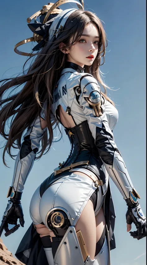 realistically, high resolution, 1 woman, butt lift, , Mecha girl,Mechanical Parts,  joints,single mechanical arm, hat, Mechanical Halo,Star Hello,Complex mechanical suit, mecha corset, Straight A&#39;s, White mecha body