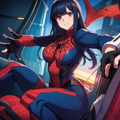 a woman wearing a spider man uniform

