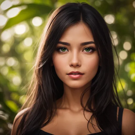 /portrait of a beautiful, flawless woman in the Amazon rainforest, Brazil, sharp facial features, defined slightly red lips, clear brown eyes with light natural green streaks with sparkles, black hair blowing in the wind, cinematic, 35mm lens, f/ 1.8, acce...