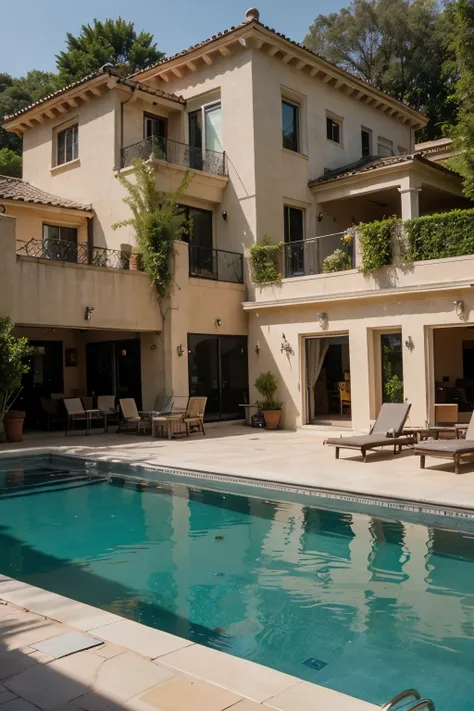 Scene of a golden luxury mansion with a swimming pool and a parked golden Lamborghini