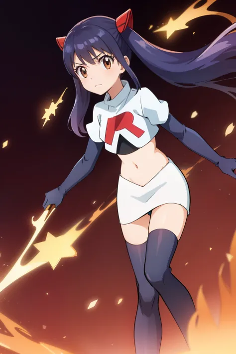 WENDY MARVELL, LONG HAIR, HAIR ORNAMENT, TWINTAILS, (BROWN EYES:1.2), BLUE HAIR, TATTOO, 1girl, solo, facing viewer, looking at viewer, team rocket uniform, red letter R, white skirt,white crop top,black thigh-highs,black elbow gloves