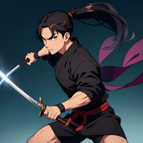 Anime boy muscle with black cover and black wair ponytail, fringe . Sword in wand. Samurai pose (no background) (no reflection)