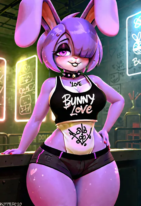 (best quality, masterpiece1.2), 1girl, solo, antro, cally3d, punk girl, goth, club, bonfie, purple body, purple hair, bunny ears...