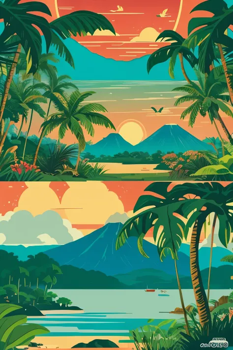 tropical landscape, near by sea, illustration by silk screen print taste, volcano island