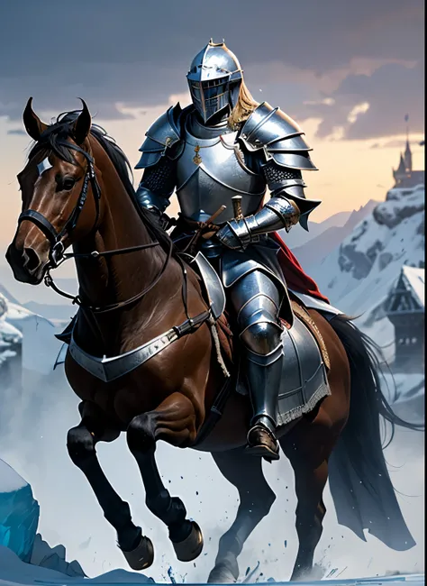  Masterpiece, best quality, ultra detailed, 8k, !(a person on a horse with a helmet on, knight on horseback, heavy cavalry, blue and ice silver color armor, armored knight, fantasy knight, wearing shining armor, (((knight))), shining plate armor, medieval ...