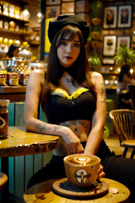 ((benevolent voluptuous ((venezuelan)) barista)) sitting at wooden table while intently reading book, (wearing tight baristas un...