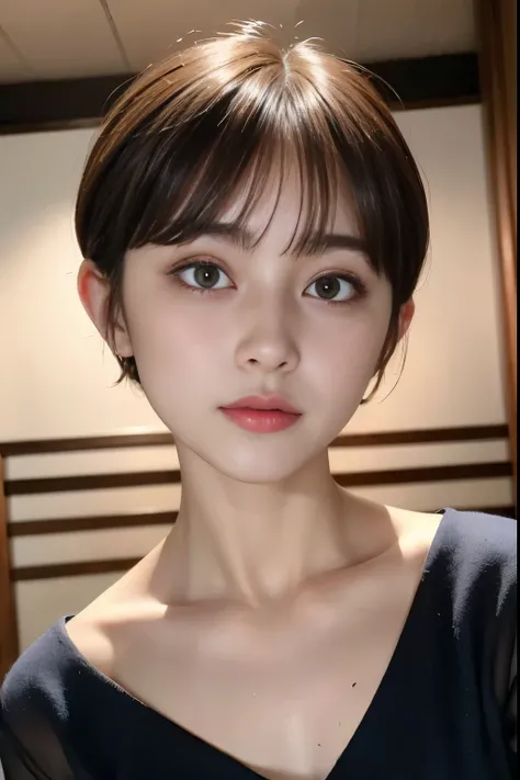 ((top-quality)),(​masterpiece:1.4),Raw photography,8K,((Top image quality)), ((Top resolution)),Beautiful face in every detail,Very detailed,Gentle expression,(One lady:1.3 ),realisitic,photo realisitic,(Bery short hair:1.4),(Beautuful Women),(cute Japanes...