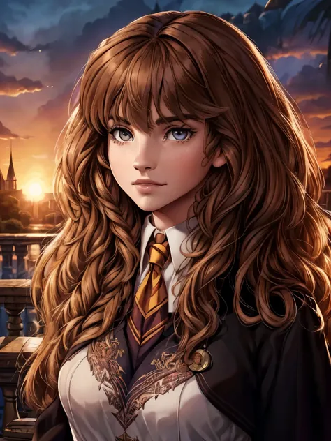 ((ultra quality)), ((masterpiece)), hermione granger, harry potter, an epic picture, ((brown-haired long hair)), (beautiful face...