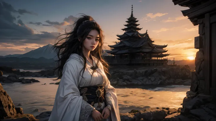 Uma garota japonesa linda em frente um templo, her hair is big and messy, She is dressed in a large white and black cloak full of details, time is sunset, the scenery is beautiful and very detailed, wallpaper 8k
