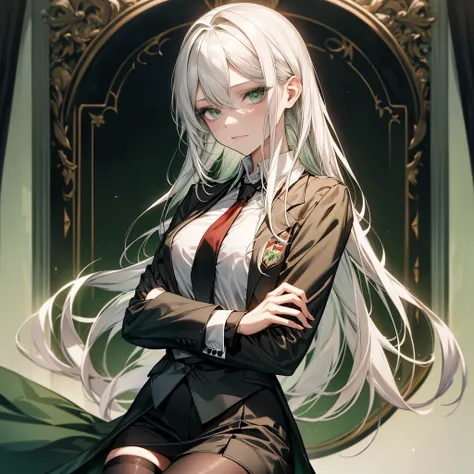 A pretty beautiful lady, green forest eyes and white hair, long hair, "White buttoned shirt", "Black blazer with a school logo", "Stockings", "Red necktie",  crossing her arms and looking at you in annoyance, a human, modern era, daylight, school, close up...