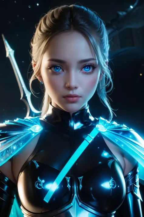 Waist up (perspective angle from bottom to top) fantasy valkyrie girl in tight glowing & super detailed ornad armor with hero galaxy glowing cape, sharp focus, UHD, (masterpiece), best quality, expressive eyes, perfect face, cinematic illumination, midnigh...