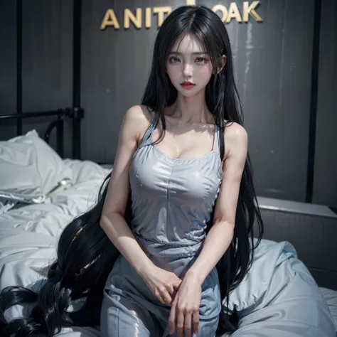 ((best image quality、highest quality、highest resolution、Ultra-realistic photography、full body photo、16ｋ、))、Massive amount of black hair on the bed、ultra-long hair about 3 meters long,,,,、One adult woman、very beautiful face、She has super long hair that cove...