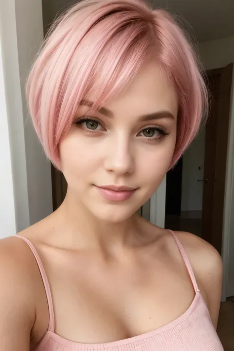 beautiful woman, pink short hair