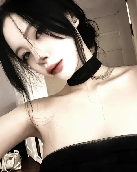 Theres a woman with a choke on her neck posing for a photo, pale gothic beauty, cruel korean goth girl, 1 7 year old goth girl, pale porcelain white skin, fair and pale skin!!, amoranto, young beautiful amoranto, pale white skin, usando gargantilha preta, ...