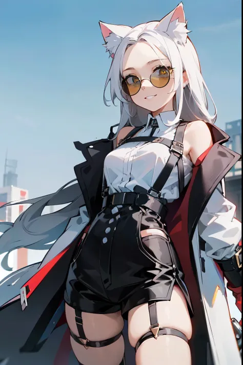 1girl, young woman, solo, long hair, big hair, (forehead:1.13), (round sunglasses:1.2), yellow eyes, white hair, cat ears, medium breasts, grin, (overcoat, black coat, open coat:1.2), white shirt, collared shirt, (chest harness, shoulder strap:1.15), black...