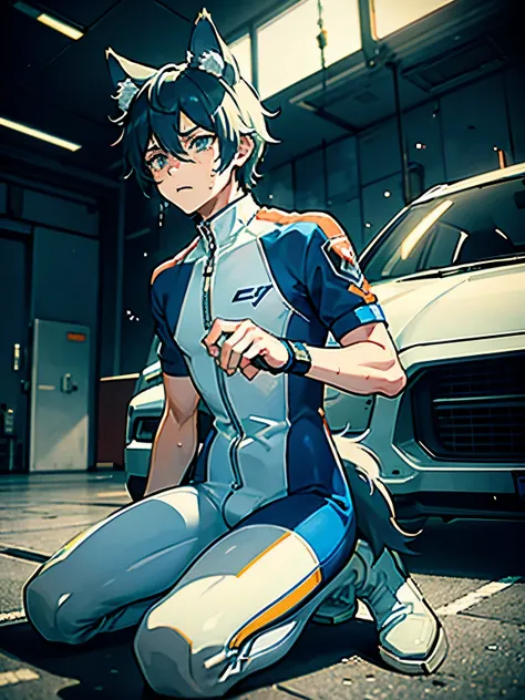 Game CG，8K quality，((young boy))，Youthful feeling，Anime male protagonist，wolf ears，Beast tail，two legs，look of pain and despair，，，Locomotive goggles，Handsome，White and blue racing jumpsuit，The crotch is bigger，White fingerless gloves，White racing boots，ful...