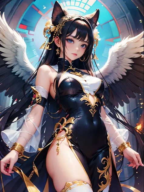 Beautiful woman of the angel tribe、Black shiny hair with big white wings。Half human woman and half angel、((Finest quality)),(超A high resolution),(ultra-detailliert),((Best Anime)),sharpnes,Clair,Art with astounding depictions,Glamorous atmosphere:1.4, (Dre...