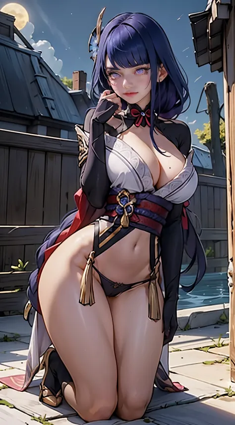 ((ultra realistic photo, 8k uhd, professional photo, full of details in clothes and face, eyes full of life, pink eye color, masterpiece, girl goddess of beauty)). Shogun Raider from Genshin Impact is a sexy woman with long flowing purple hair, pink energy...